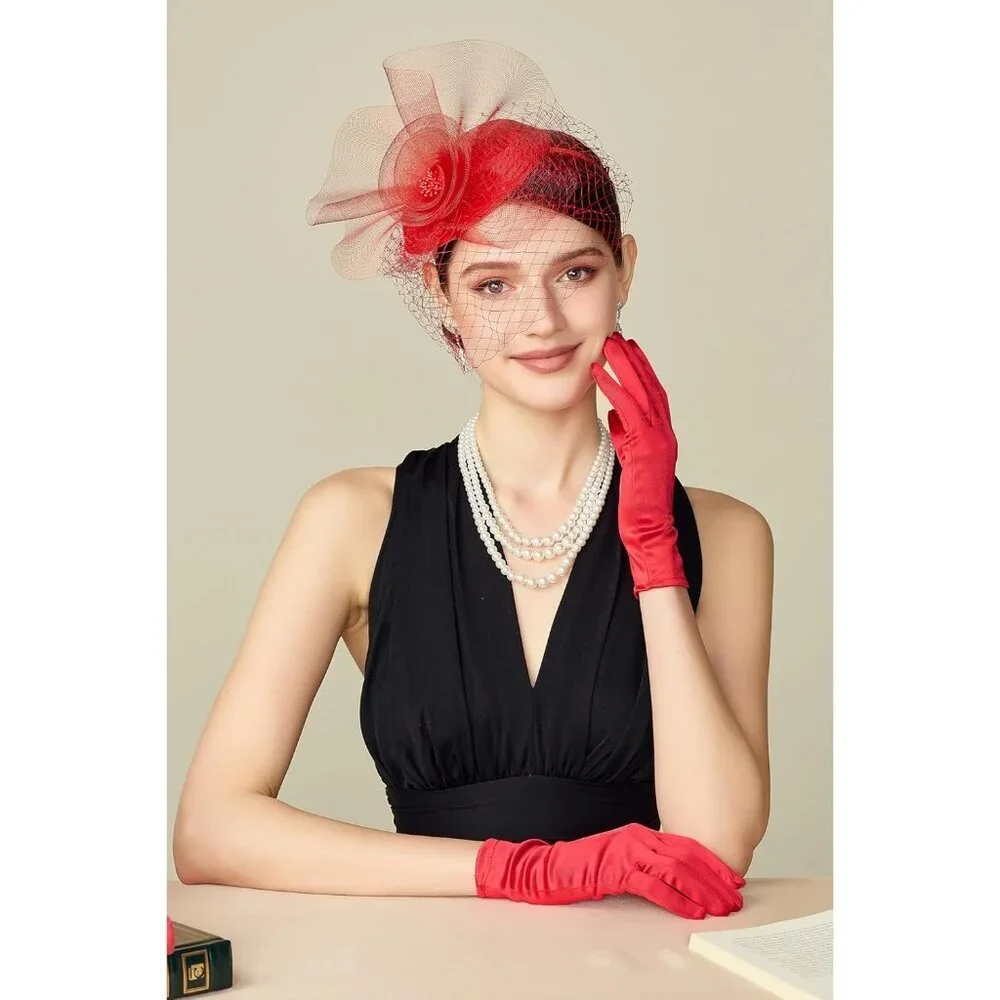 Women's Short Red Satin Silk Gloves Banquet Wedding Party Costume Accessories